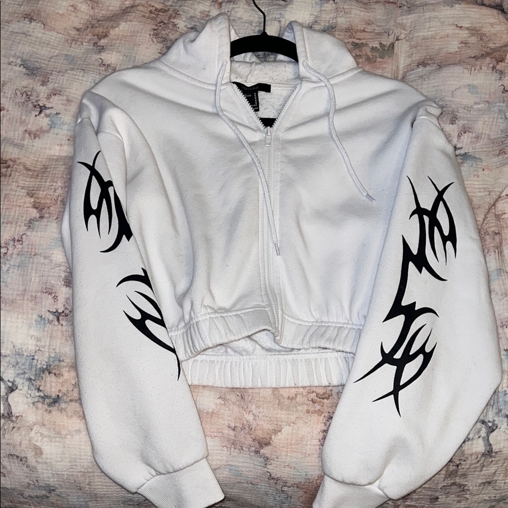 Forever 21 White Hoodie with Black Tribal Design